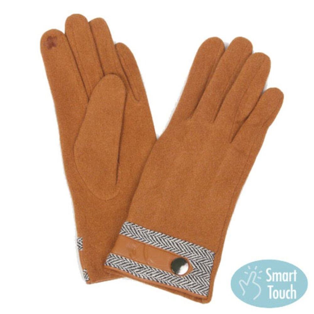 Women's Fall Winter Gloves Camel & Herringbone Faux Cashmere Touch Screen